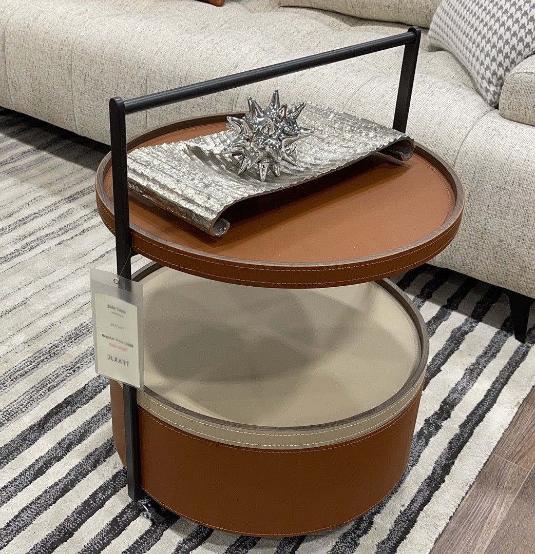 H1059710-Saddle Leather Side Table/Cart