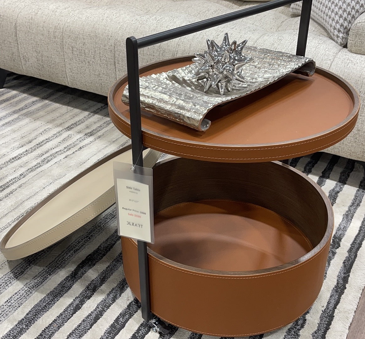 H1059710-Saddle Leather Side Table/Cart