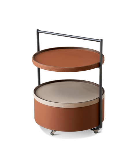 H1059710-Saddle Leather Side Table/Cart